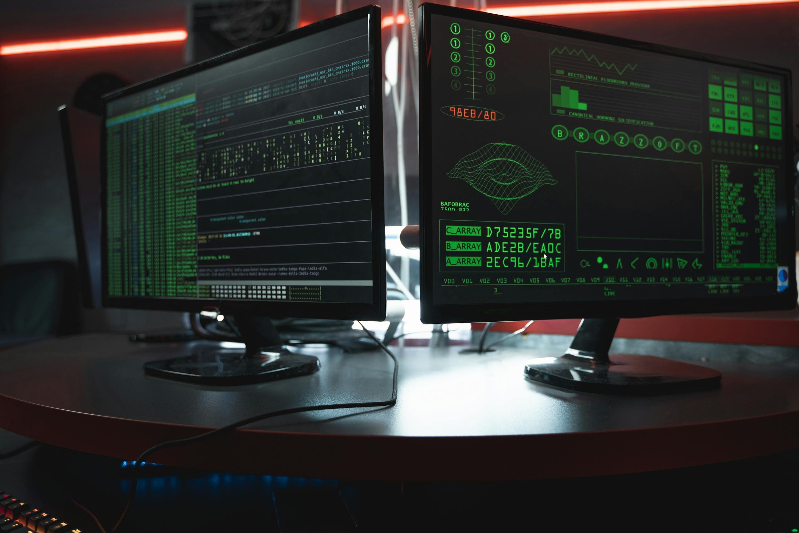 Close-up of dual computer monitors with green coding interfaces in a dark room, highlighting cyber security themes.
